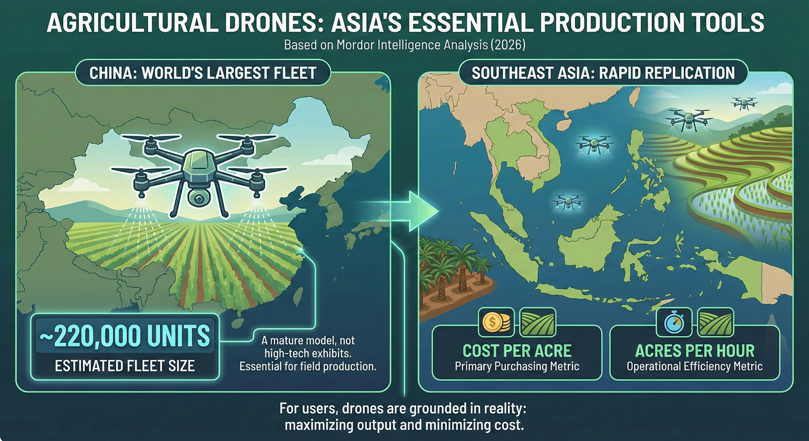 Drone crop spraying over rice paddies
